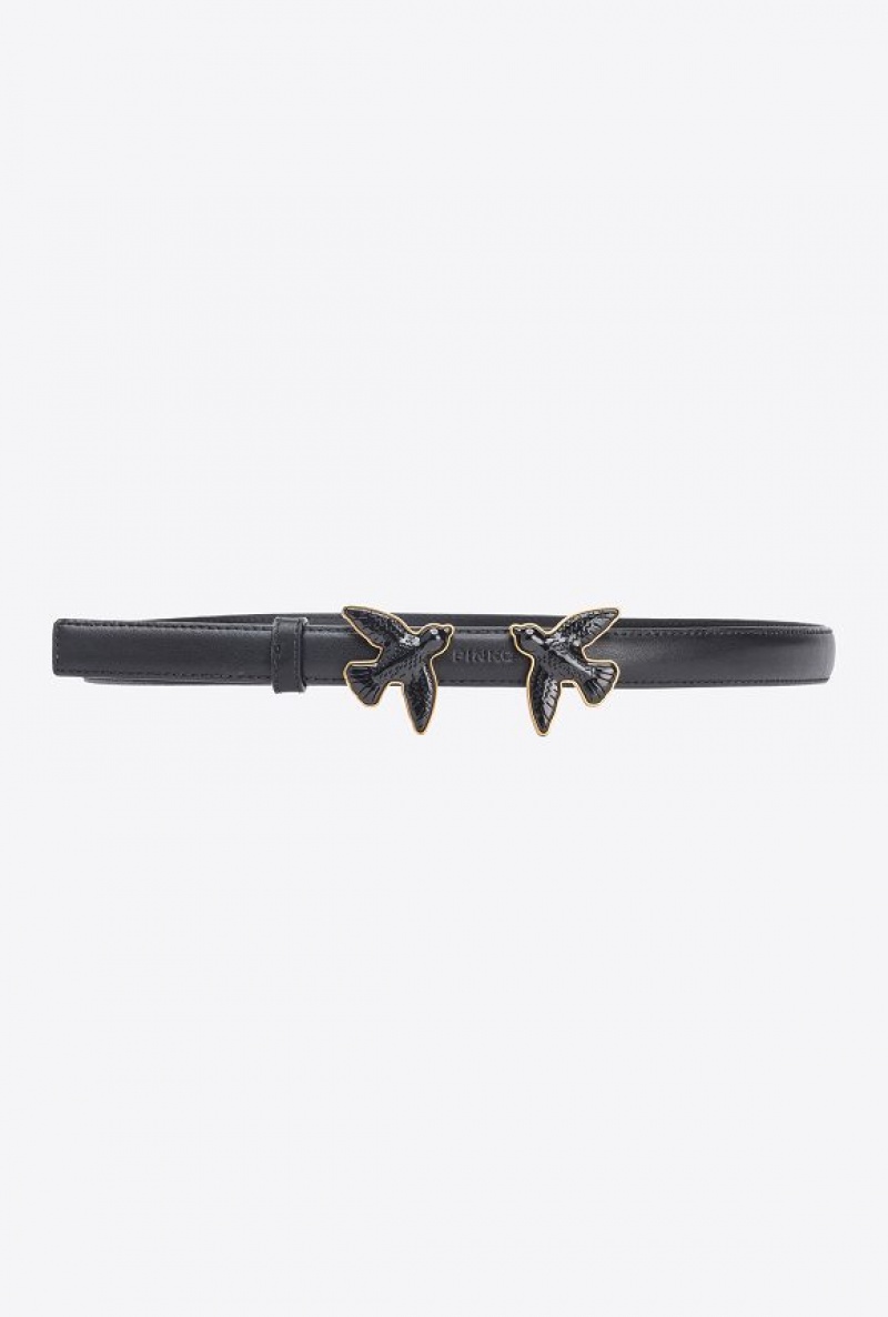 Pinko Thin Belt With Coated Love Birds 2cm Černé | SN-PKO34214