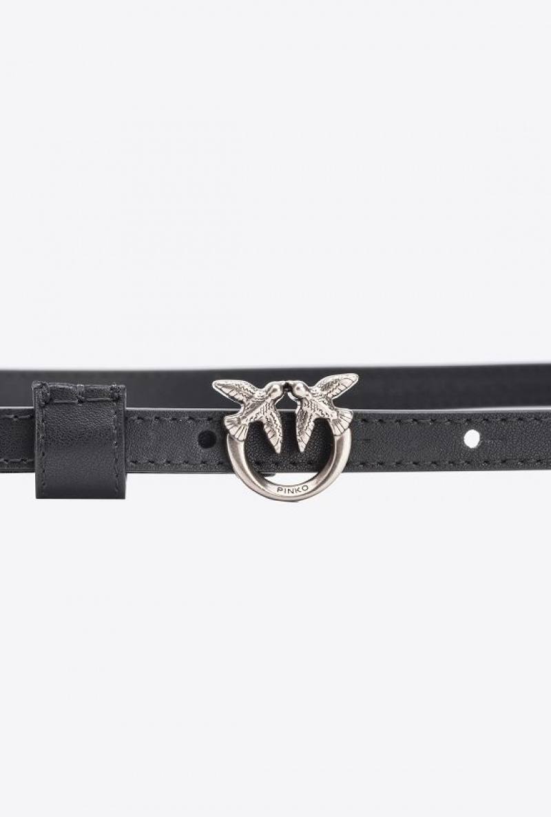 Pinko Thin Belt With Love Birds Přezkou 1cm Černé Stříbrné | SN-PKO34250