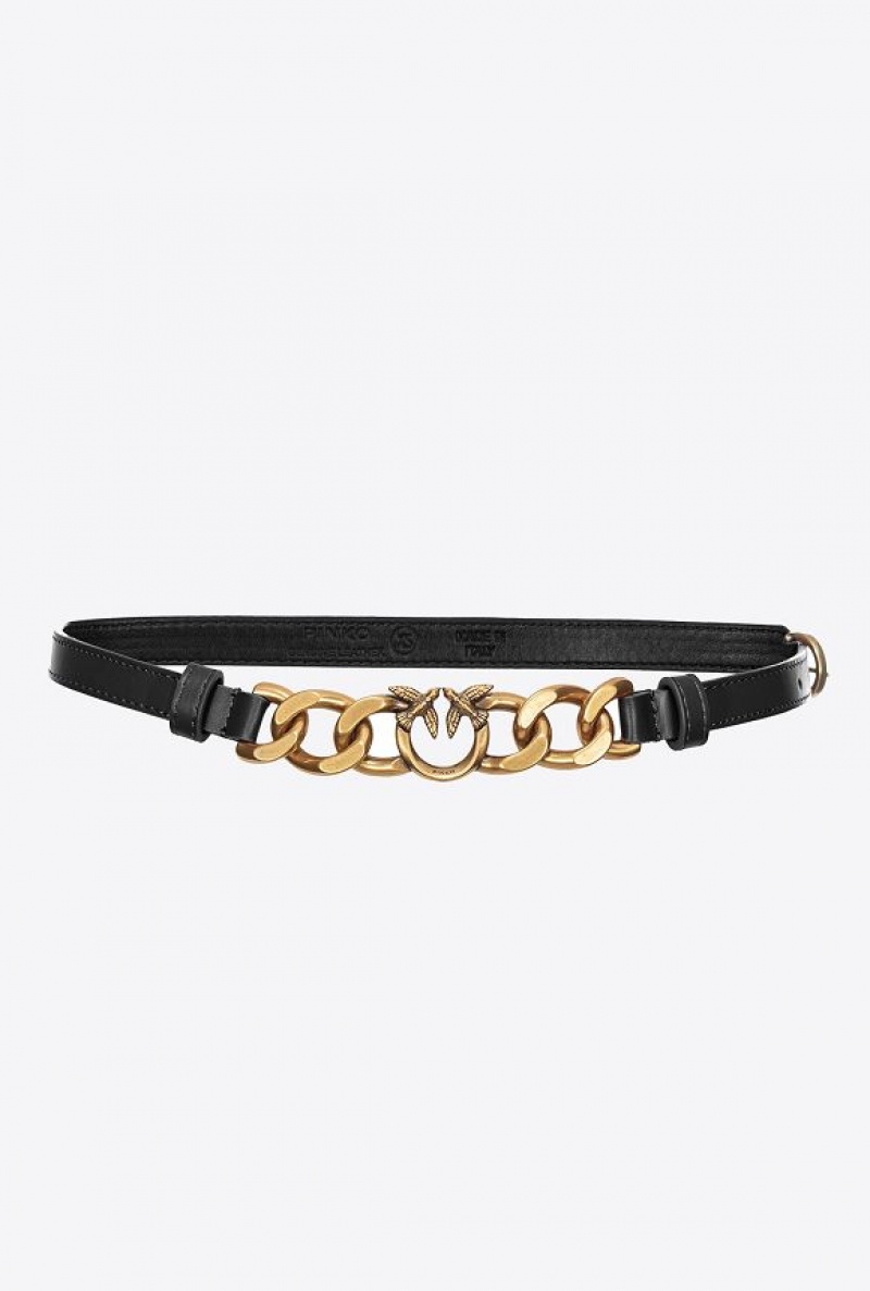 Pinko Thin Belt With Tiny Love Birds And Chain 1cm Černé Zlaté | SN-PKO34212