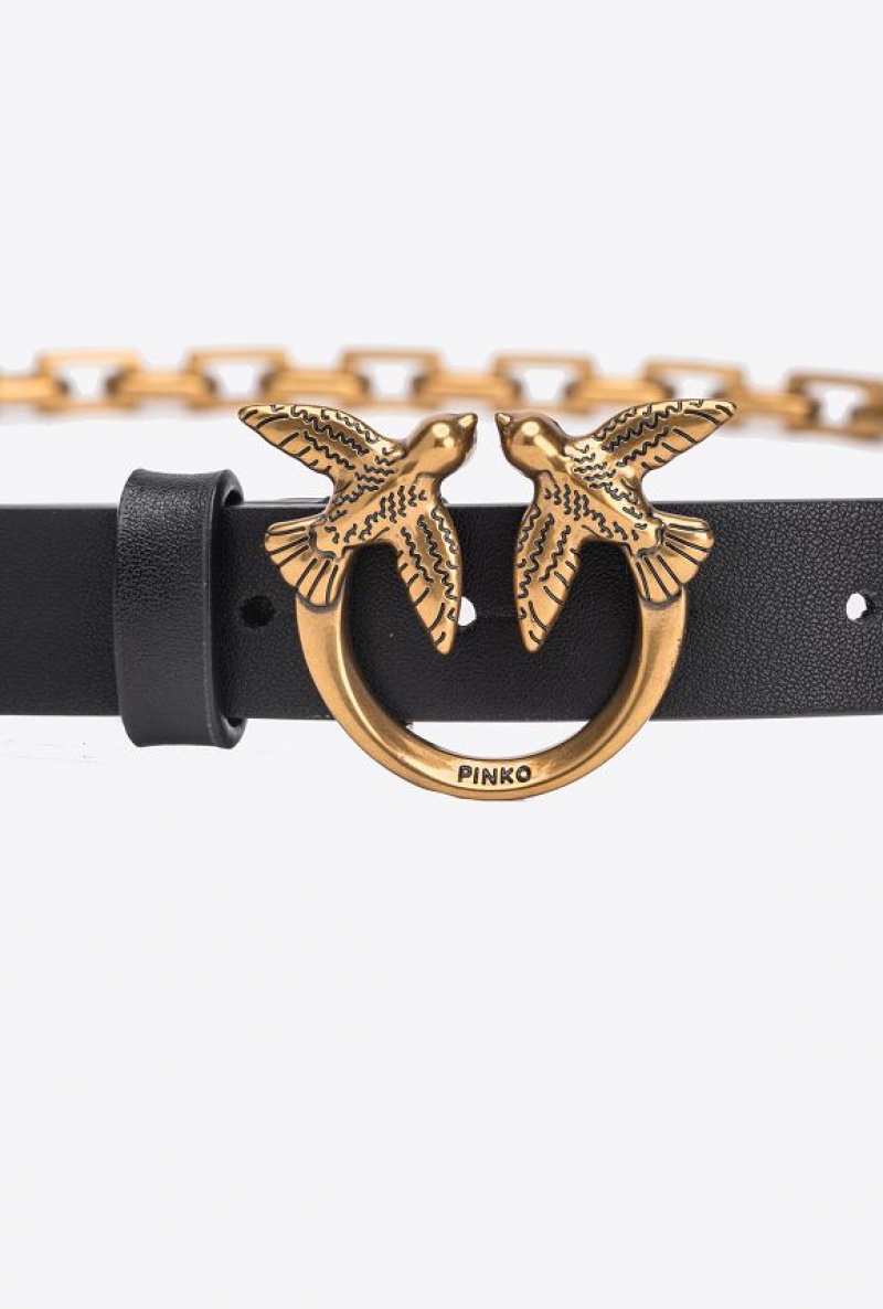 Pinko Thin Love Birds Belt With Chain 2cm Černé Zlaté | SN-PKO34183