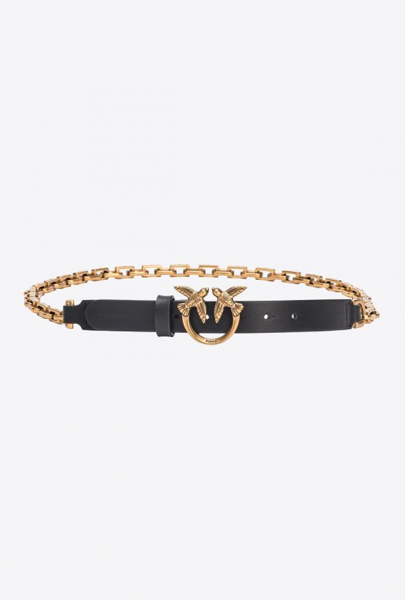 Pinko Thin Love Birds Belt With Chain 2cm Černé Zlaté | SN-PKO34183