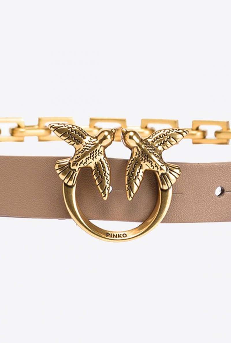 Pinko Thin Love Birds Belt With Chain 2cm Zlaté | SN-PKO34203