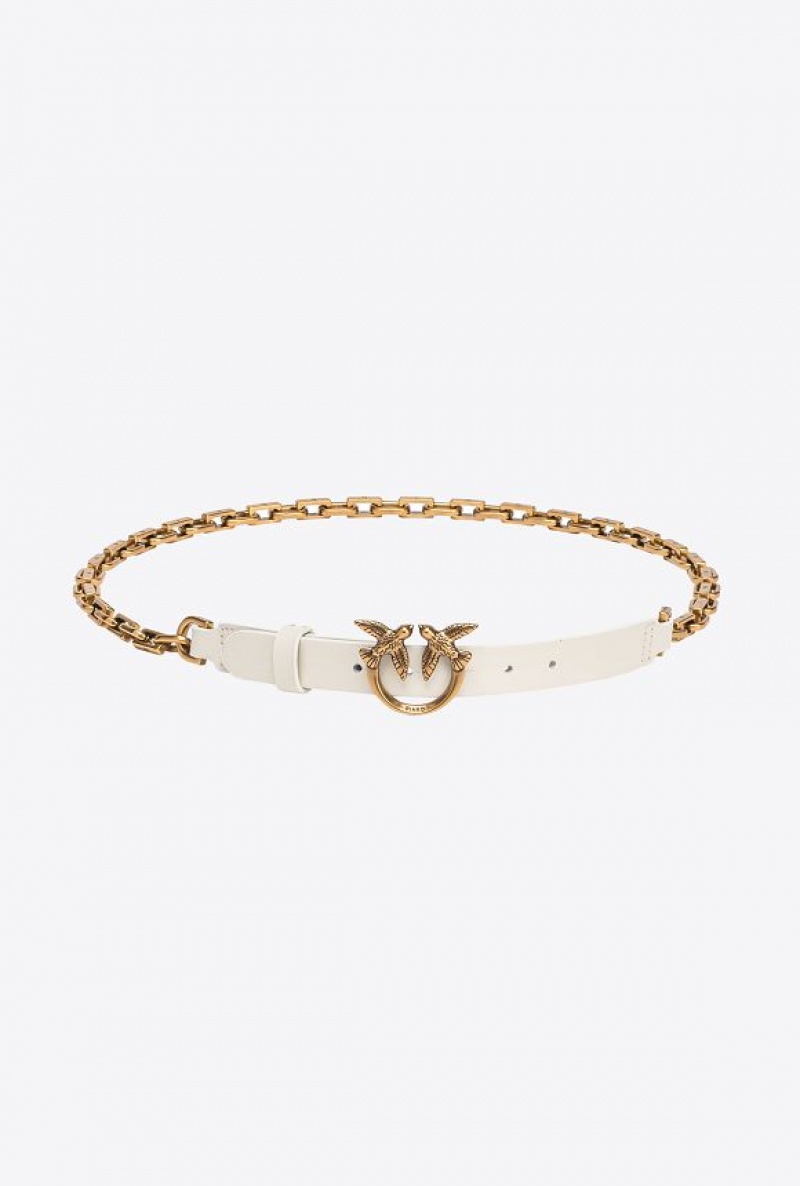 Pinko Thin Love Birds Belt With Chain 2cm Bílé Bílé Zlaté | SN-PKO34206