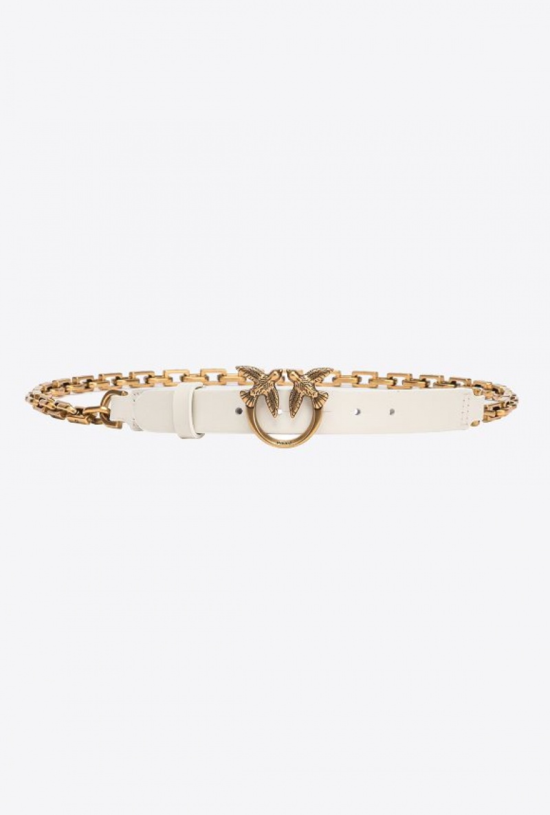 Pinko Thin Love Birds Belt With Chain 2cm Bílé Bílé Zlaté | SN-PKO34206