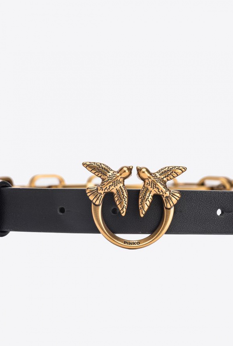 Pinko Thin Love Birds Belt With Chain Černé Zlaté | SN-PKO34184