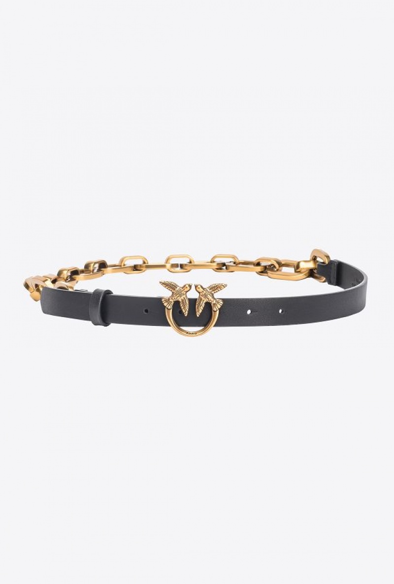 Pinko Thin Love Birds Belt With Chain Černé Zlaté | SN-PKO34184