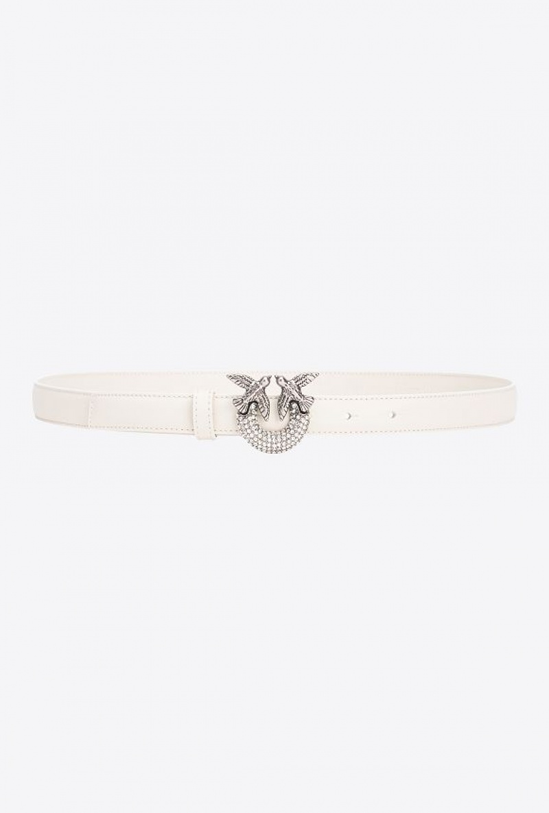 Pinko Thin Love Birds Belt With Rhinestones 2cm Bílé Bílé Stříbrné | SN-PKO34248