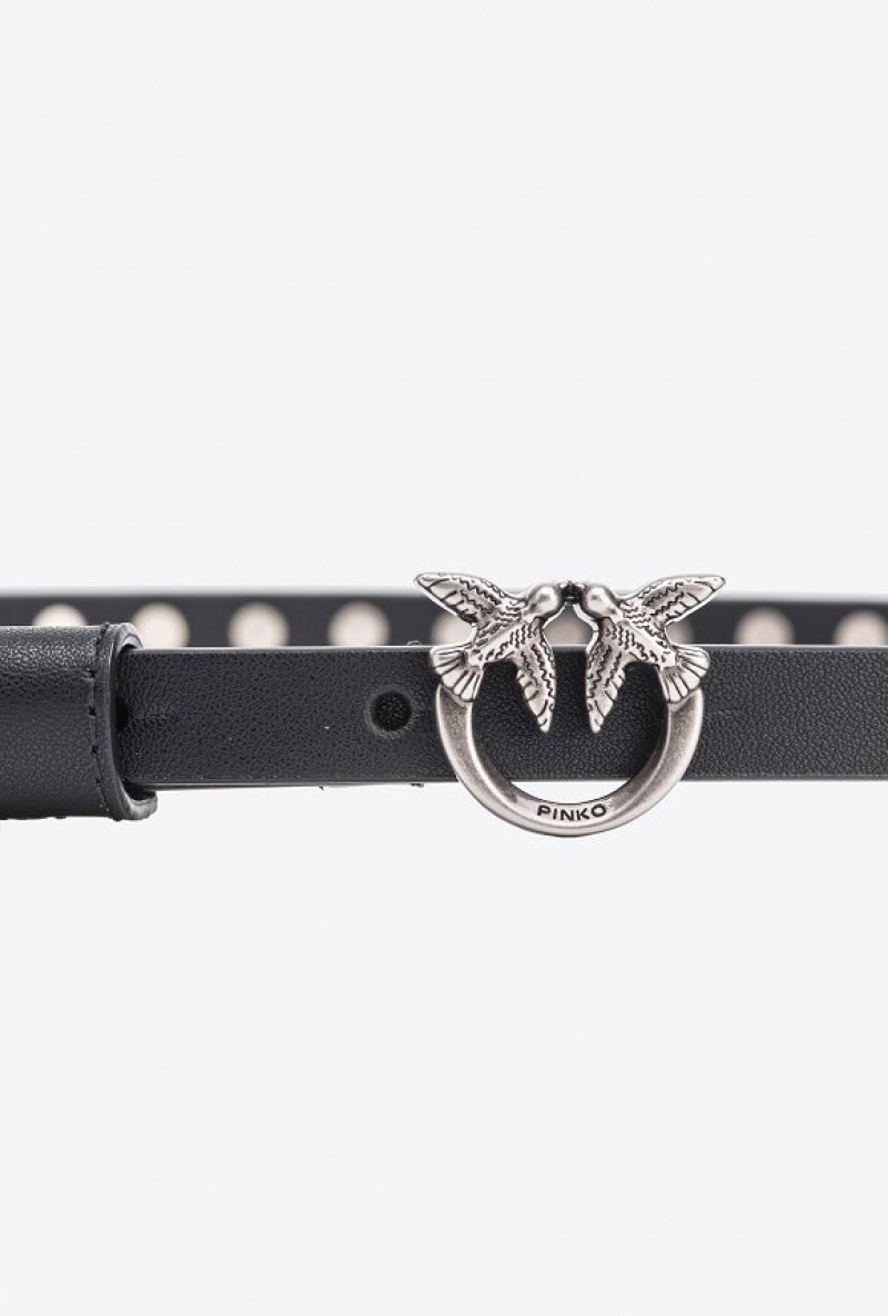 Pinko Thin Love Birds Belt With Studs 1cm Černé Stříbrné | SN-PKO34219