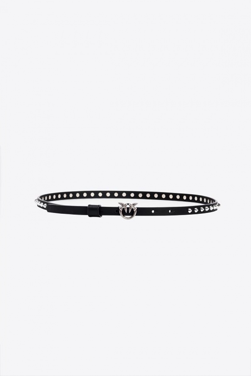 Pinko Thin Love Birds Belt With Studs 1cm Černé Stříbrné | SN-PKO34219