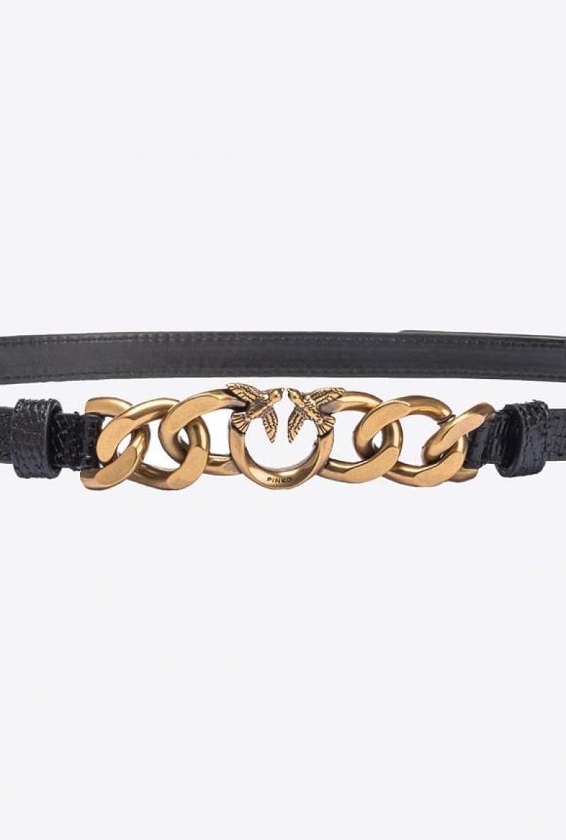 Pinko Thin Reptile-print Belt 1cm Černé Zlaté | SN-PKO34215