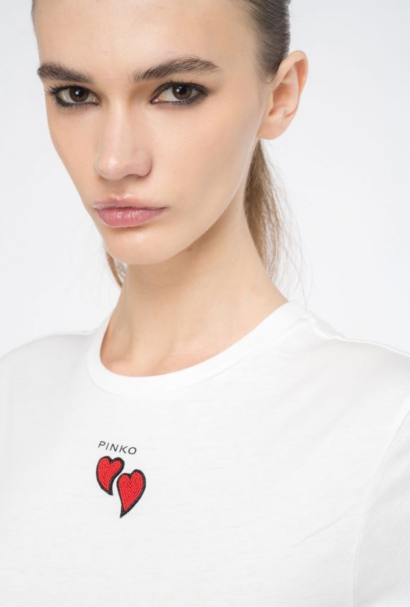 Pinko T-shirt With Heart Embroidery Bílé | SN-PKO33235