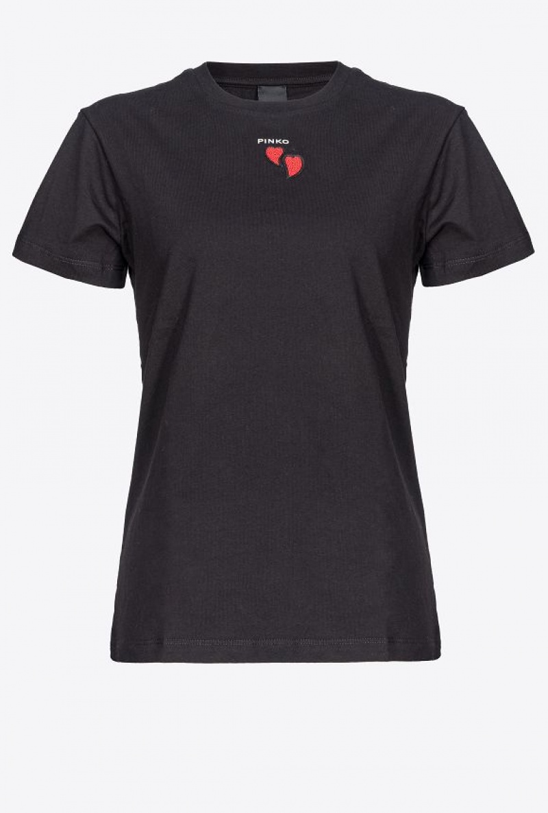 Pinko T-shirt With Heart Embroidery Černé | SN-PKO33238