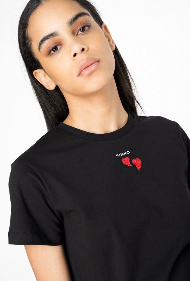 Pinko T-shirt With Heart Embroidery Černé | SN-PKO33238