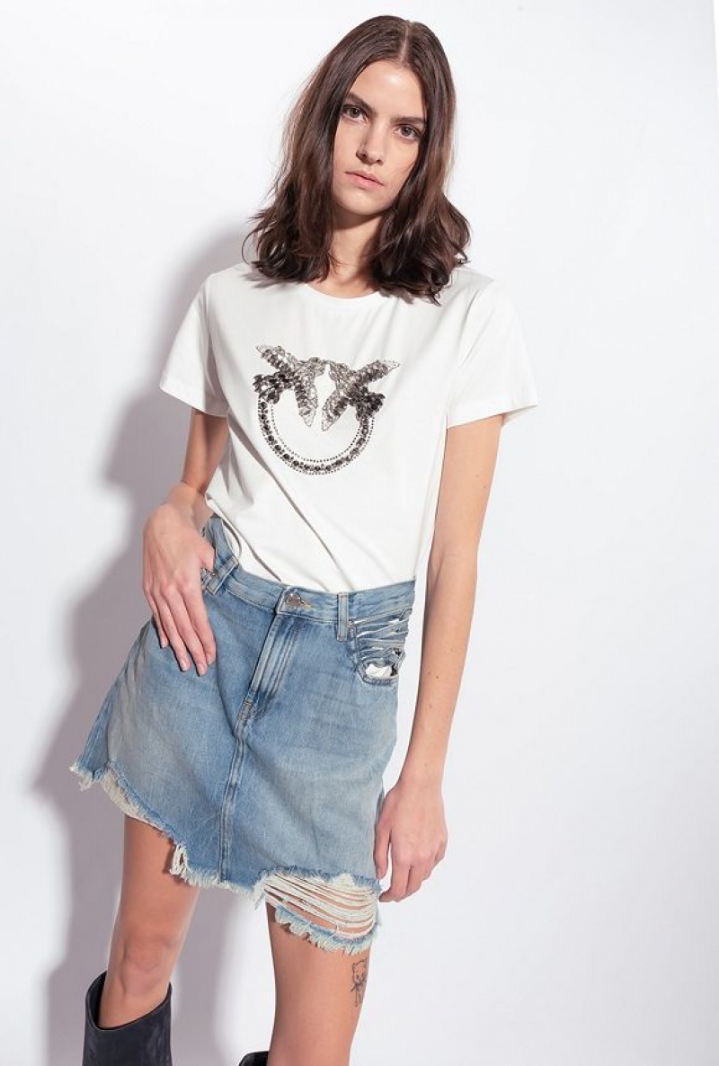 Pinko T-shirt With Love Birds Embroidery Bílé | SN-PKO33261