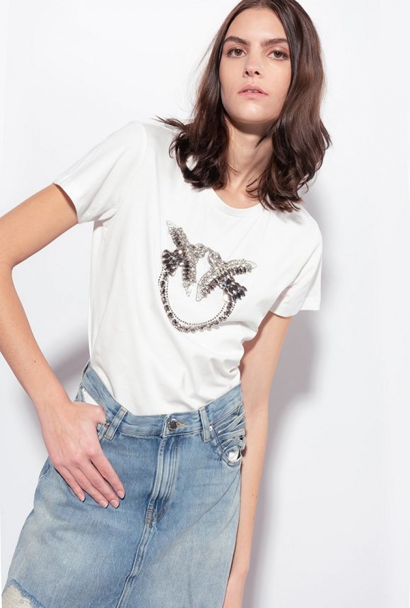 Pinko T-shirt With Love Birds Embroidery Bílé | SN-PKO33261