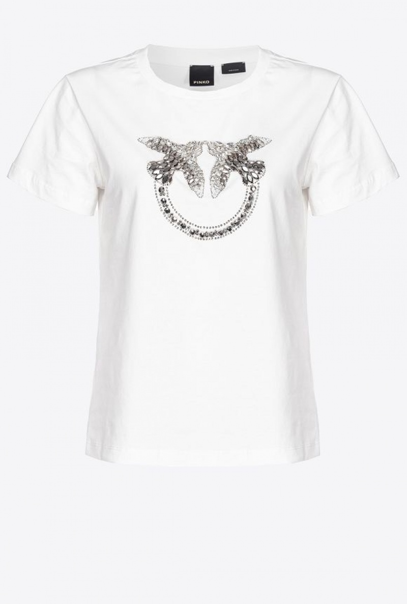 Pinko T-shirt With Love Birds Embroidery Bílé | SN-PKO33261