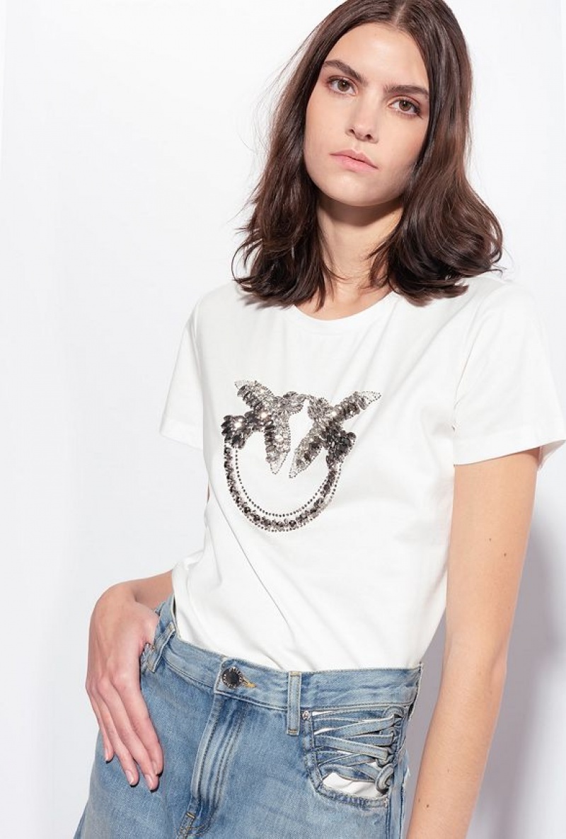 Pinko T-shirt With Love Birds Embroidery Bílé | SN-PKO33261