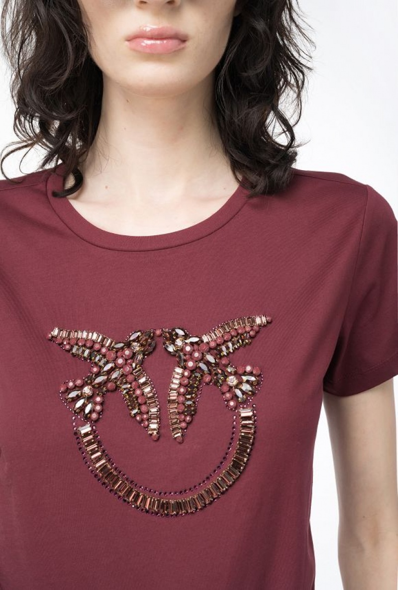 Pinko T-shirt With Love Birds Embroidery Vínové | SN-PKO33283