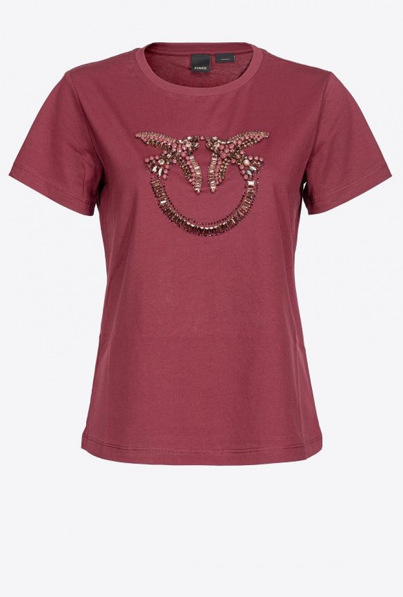 Pinko T-shirt With Love Birds Embroidery Vínové | SN-PKO33283