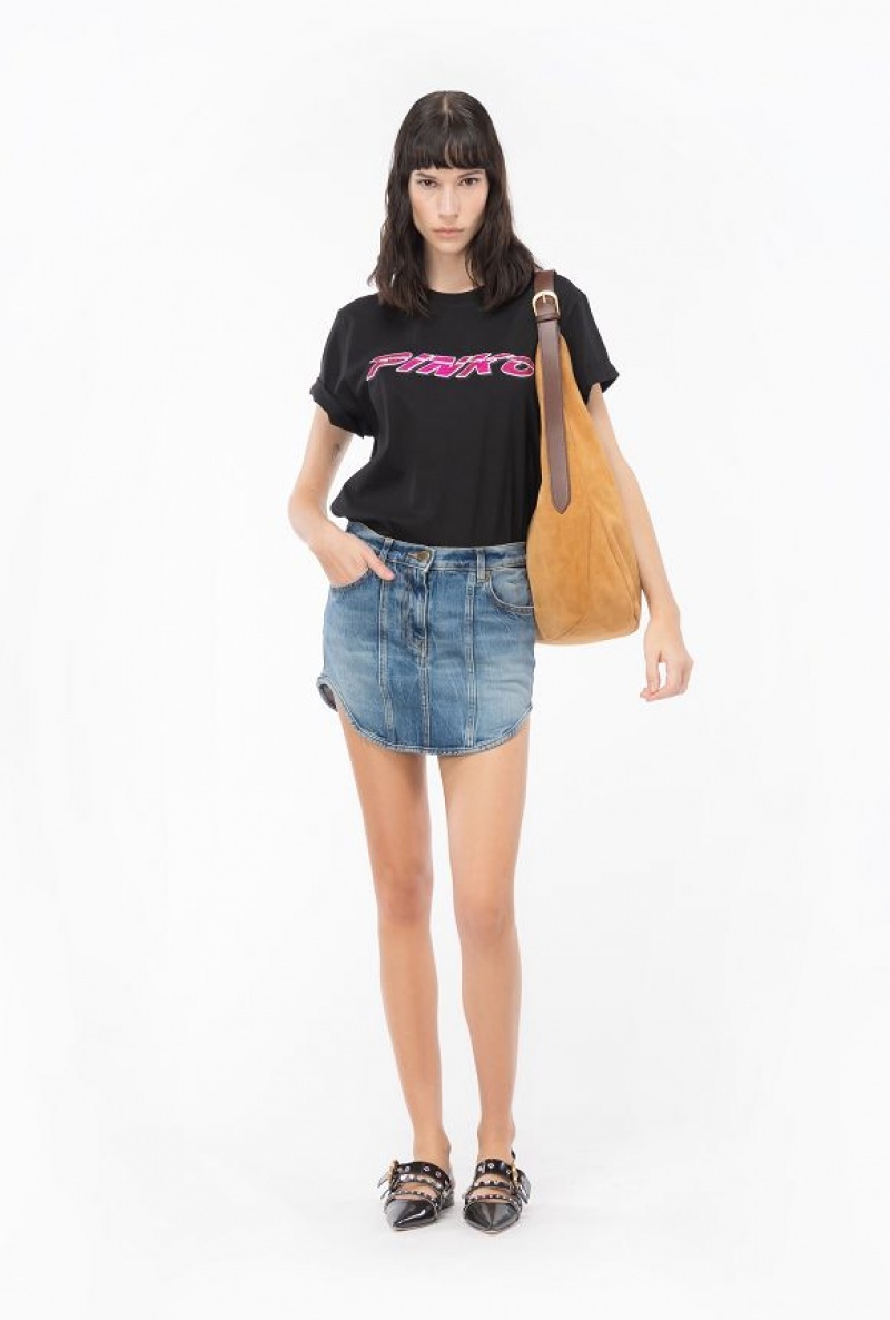 Pinko T-shirt With Rhinestoned Print Černé Fuchsie | SN-PKO33237