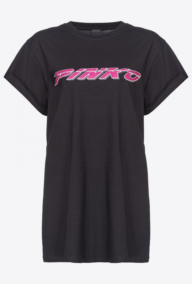 Pinko T-shirt With Rhinestoned Print Černé Fuchsie | SN-PKO33237