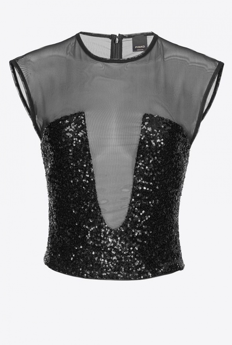 Pinko Tulle Top With Sequin Embroidery Černé | SN-PKO33333