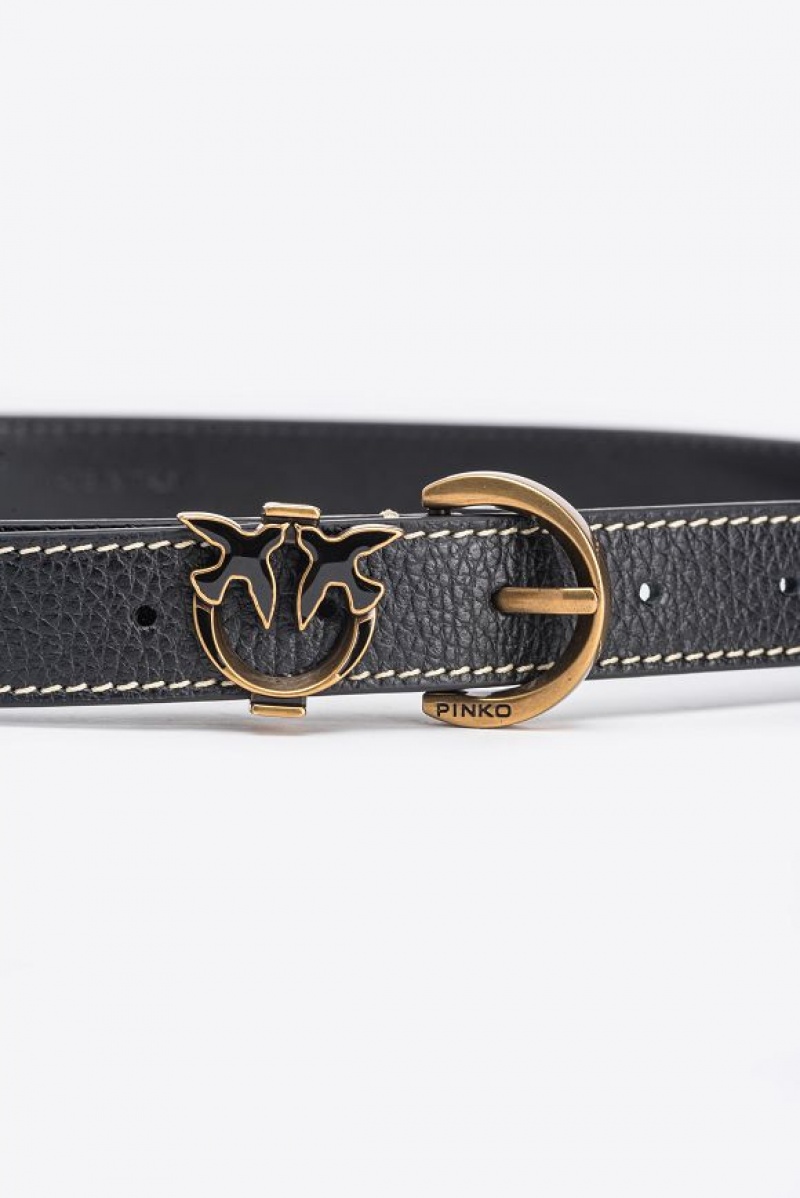 Pinko Tumbled Læder Belt With Love Birds Detail, 2.5 Cm Černé Zlaté | SN-PKO34224