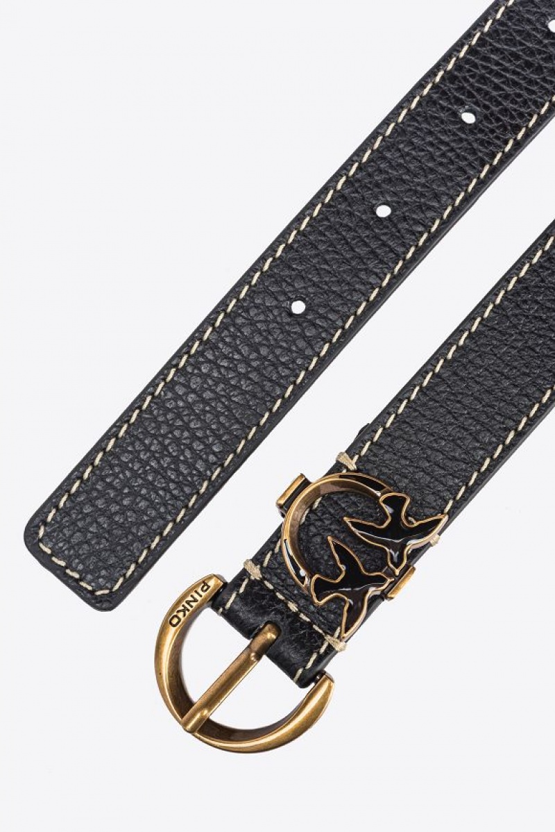 Pinko Tumbled Læder Belt With Love Birds Detail, 2.5 Cm Černé Zlaté | SN-PKO34224