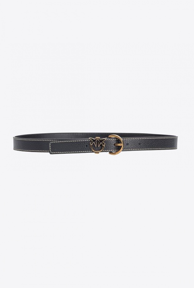 Pinko Tumbled Læder Belt With Love Birds Detail, 2.5 Cm Černé Zlaté | SN-PKO34224