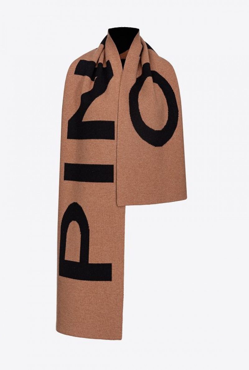 Pinko Vlna And Cashmere Scarf With Large Logo Hnědé Černé | SN-PKO34382