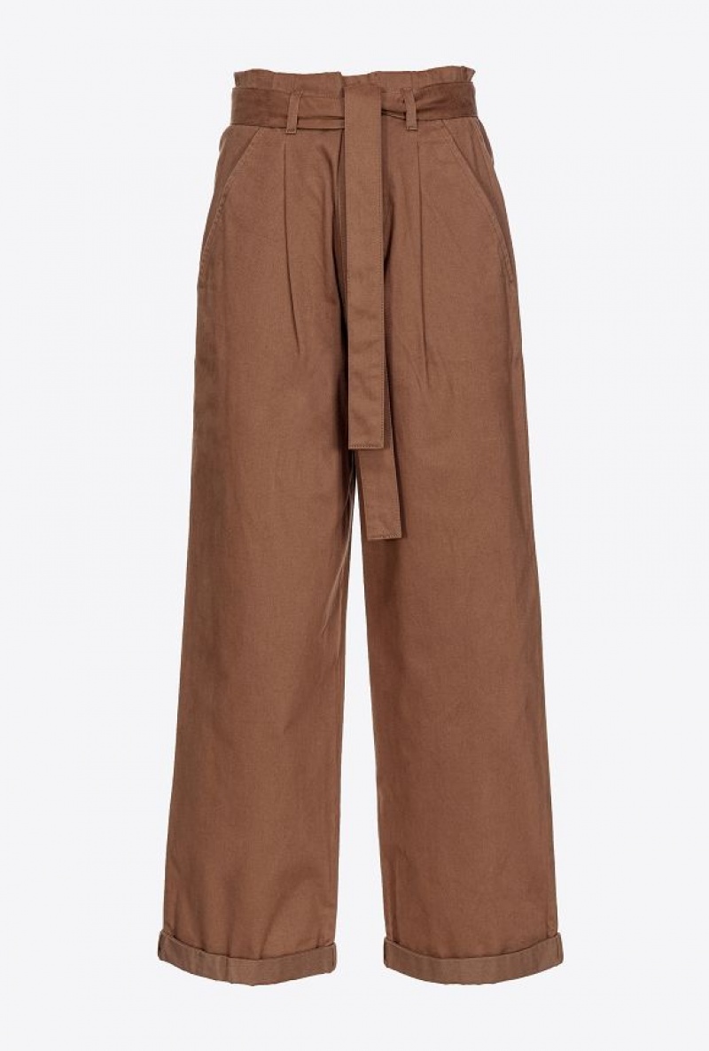 Pinko Washed Bavlněné Široké-leg Trousers Čokolády | SN-PKO33828