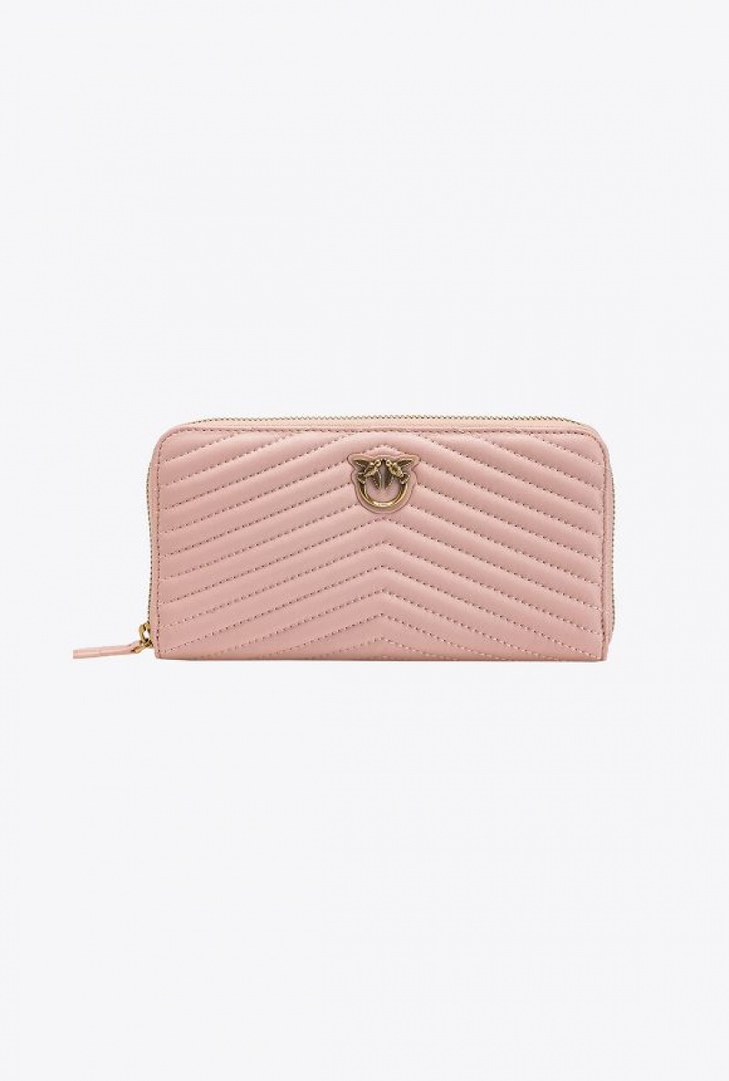 Pinko Zip-around Wallet In Chevron-patterned Nappa Læder Růžové Růžové Zlaté | SN-PKO34285