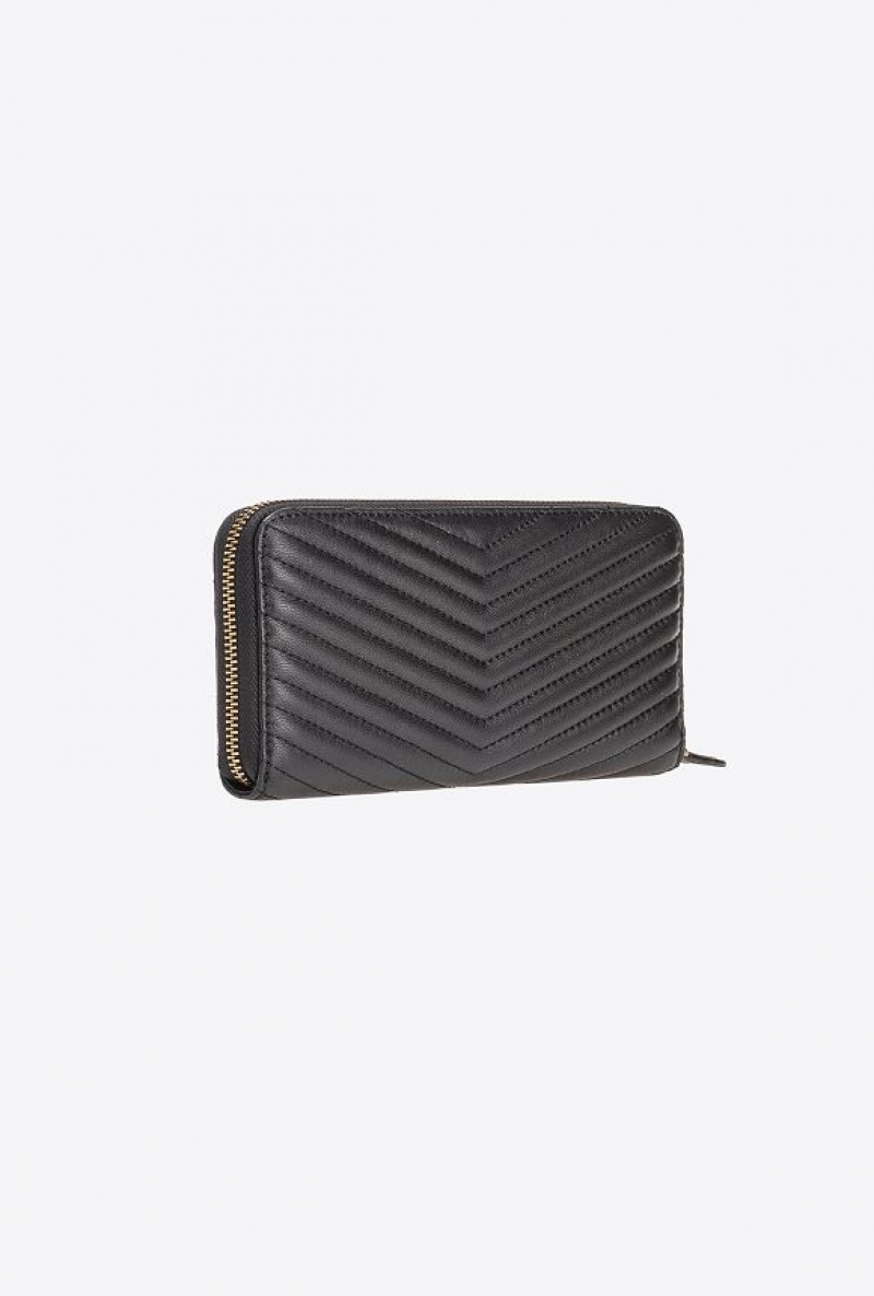 Pinko Zip-around Wallet In Chevron-patterned Nappa Læder Černé Zlaté | SN-PKO34331