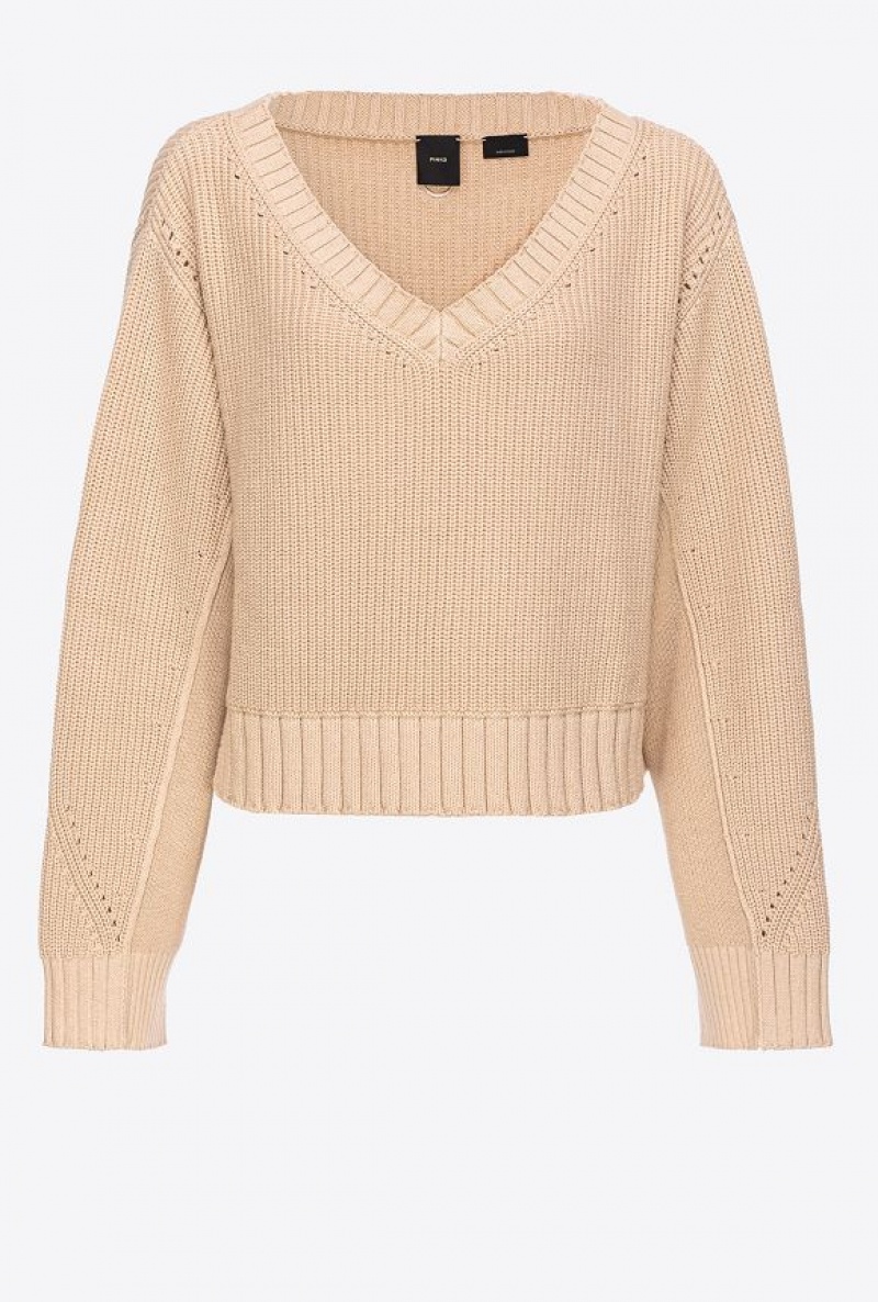 Pinko Žebrovaný Bavlněné And Cashmere Pullover Béžový | SN-PKO33228