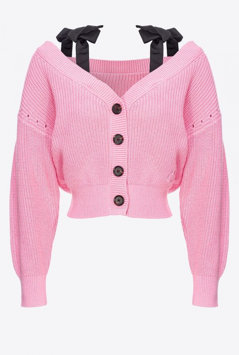 Pinko Žebrovaný Cardigan With Ribbon Shoulder Straps Růžové | SN-PKO33398