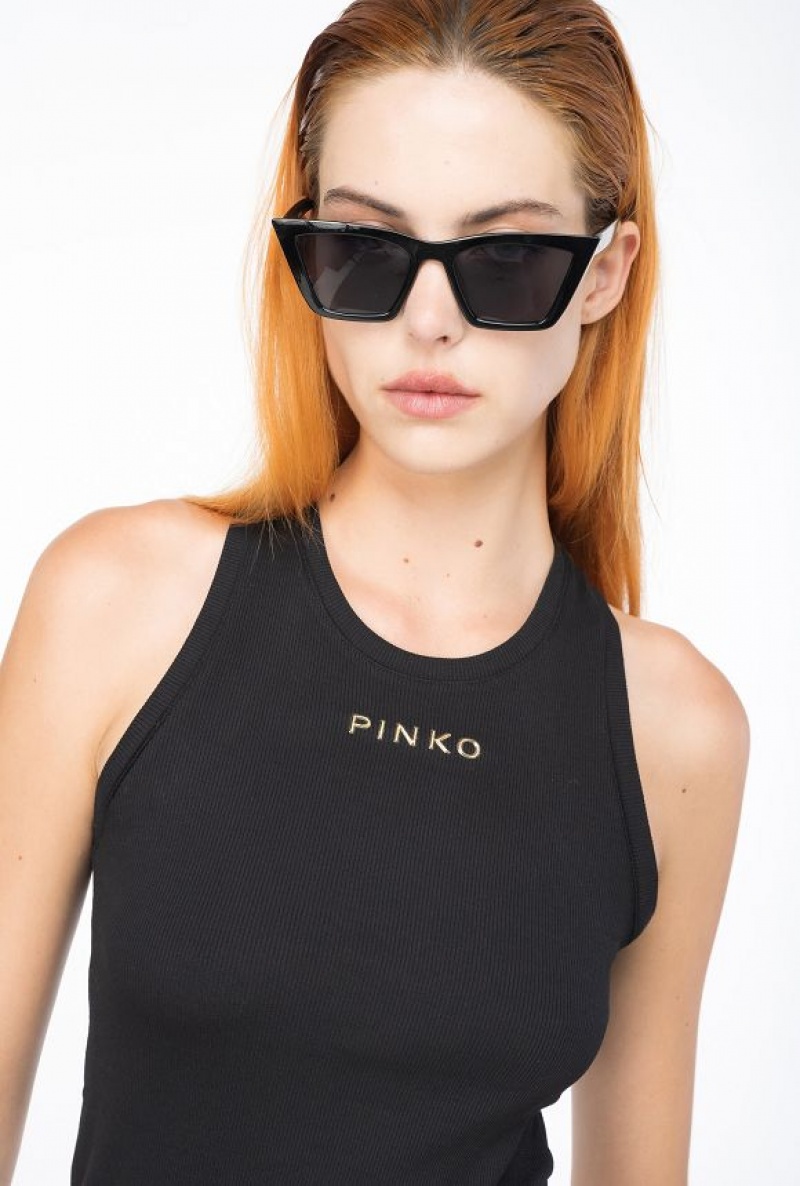 Pinko Žebrovaný Top With Logo Černé | SN-PKO33282