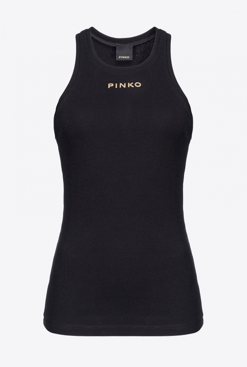 Pinko Žebrovaný Top With Logo Černé | SN-PKO33282